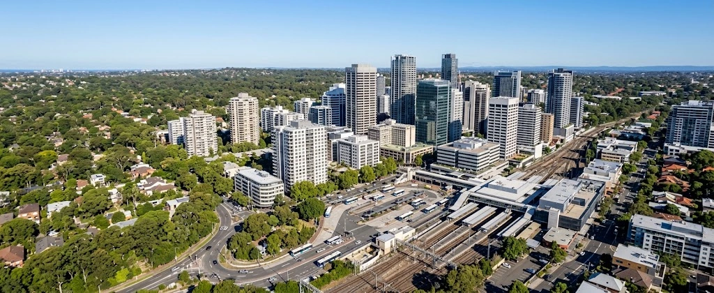 Chatswood towers and rail interchange amid leafy North Shore