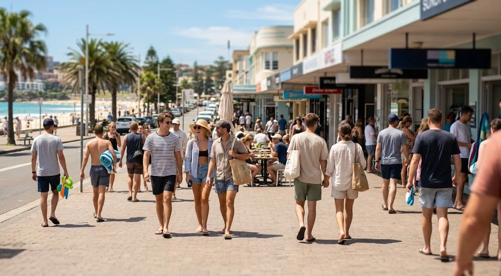 People walking along Campbell Parade near the beach