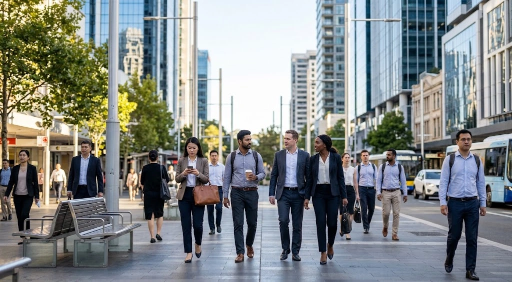 Commuters and professionals in a busy Chatswood commercial streetscape