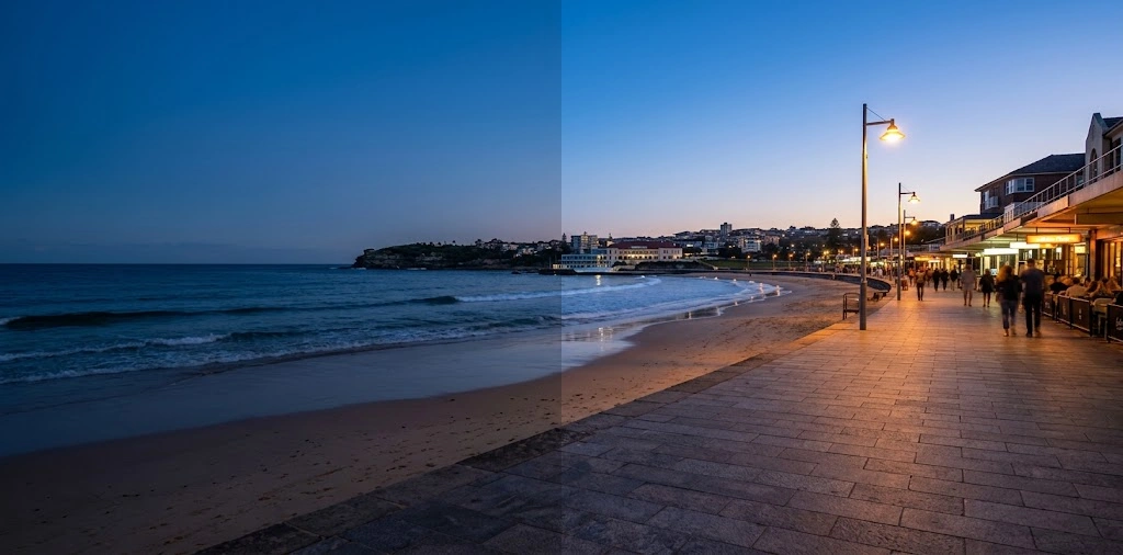 Campbell Parade promenade at blue hour