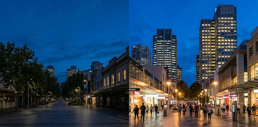 Lit pedestrian streets and corporate towers in Chatswood at dusk