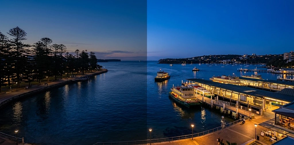 Manly harbour at dusk from the Manly side