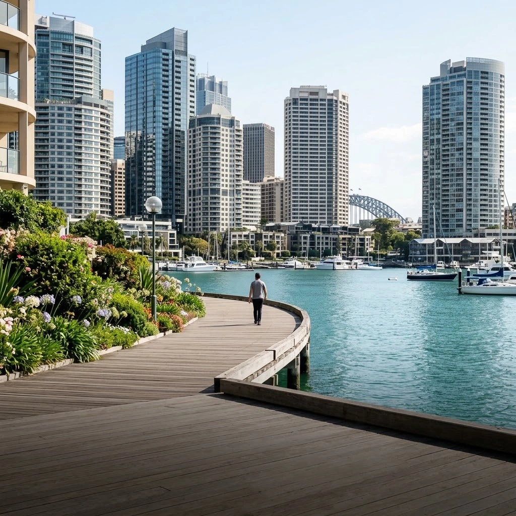 Lavender Bay foreshore walk with harbour views and North Sydney towers