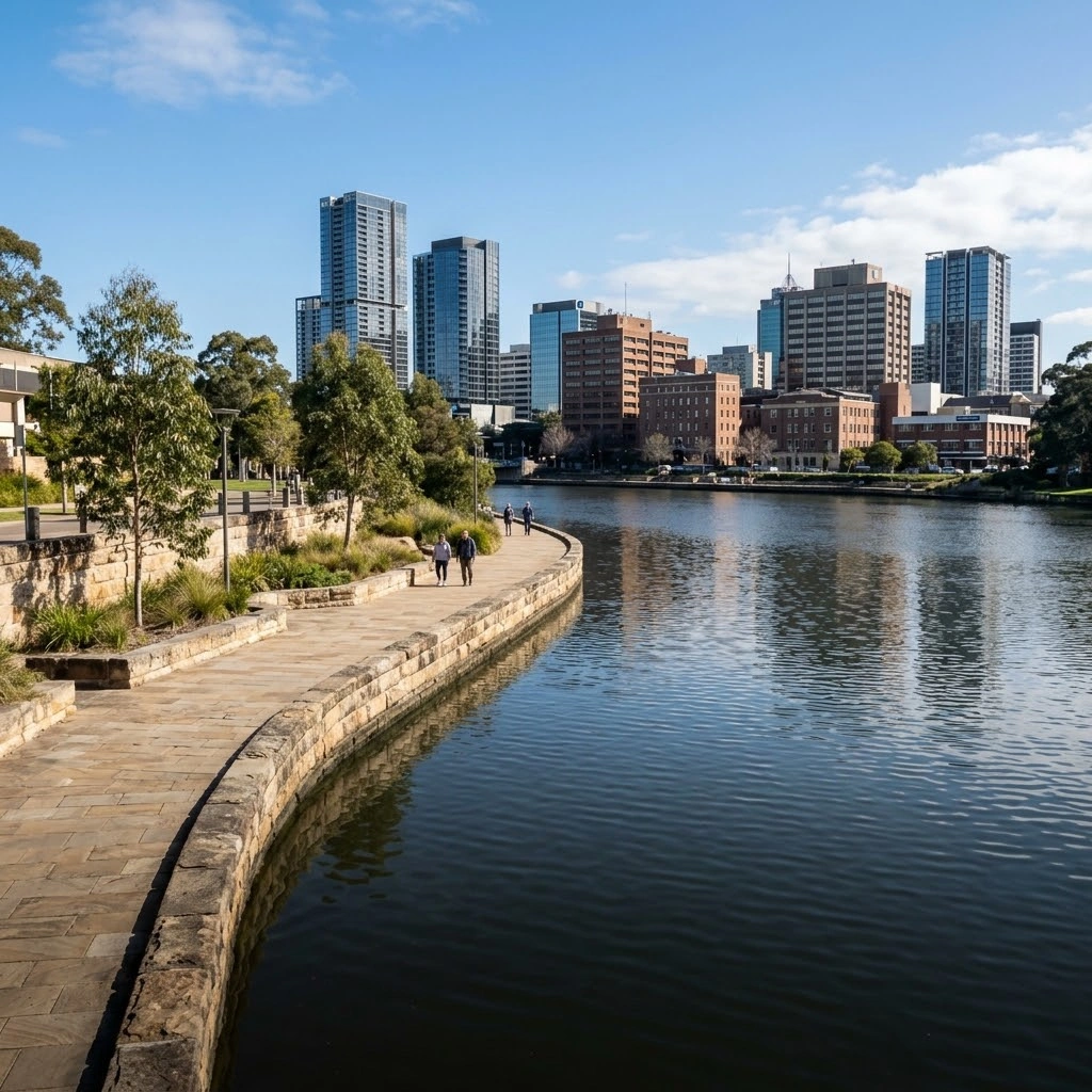 Parramatta River foreshore featuring heritage sandstone and modern towers
