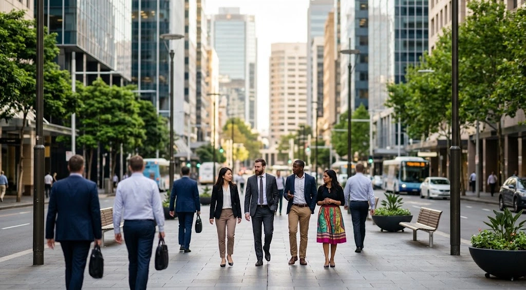 Corporate professionals walking in North Sydney streetscape