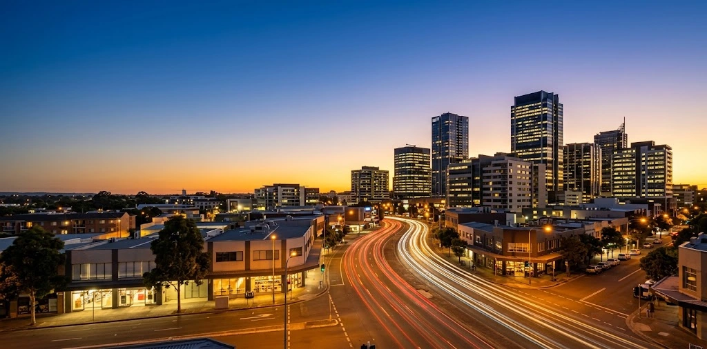 Blacktown CBD skyline and retail zones at dusk