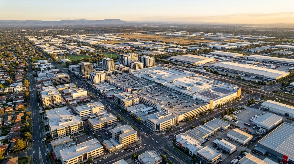 Blacktown CBD and major retail precincts from above at golden hour