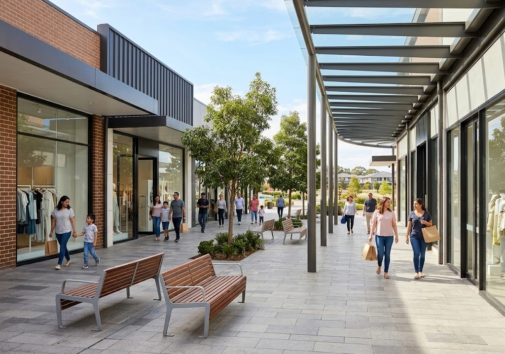 Modern retail storefronts and pedestrian zones in Blacktown