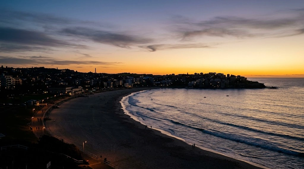 Bondi coastline and Eastern Suburbs at dusk