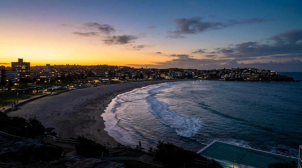 Dusk over Bondi beachfront and the Eastern Suburbs