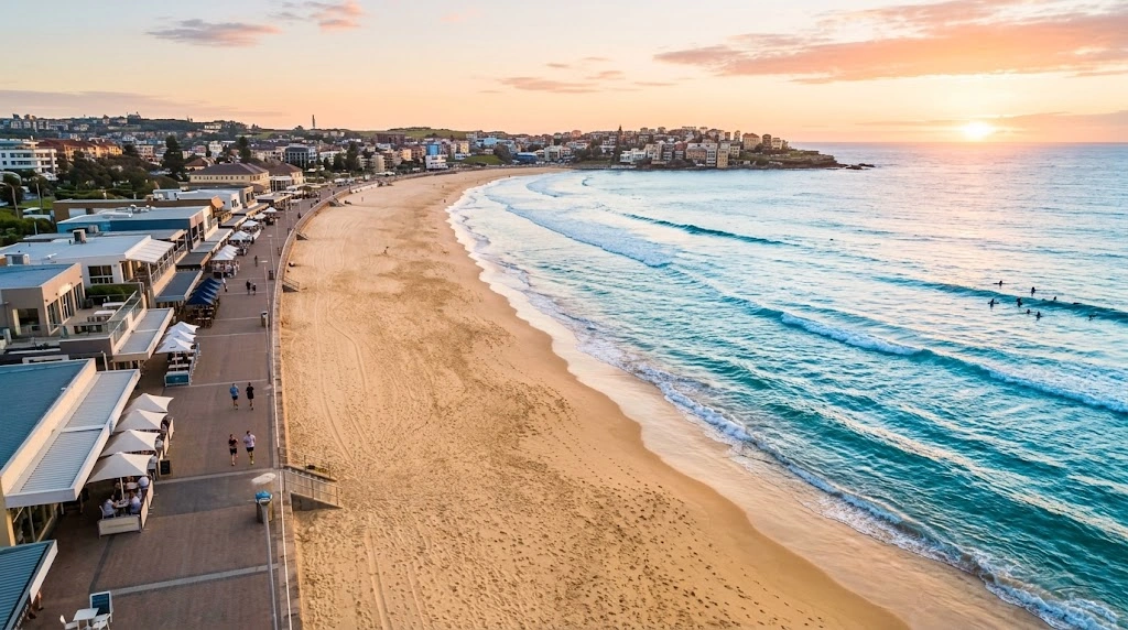 Bondi Beach and Campbell Parade retail strip from above at sunrise
