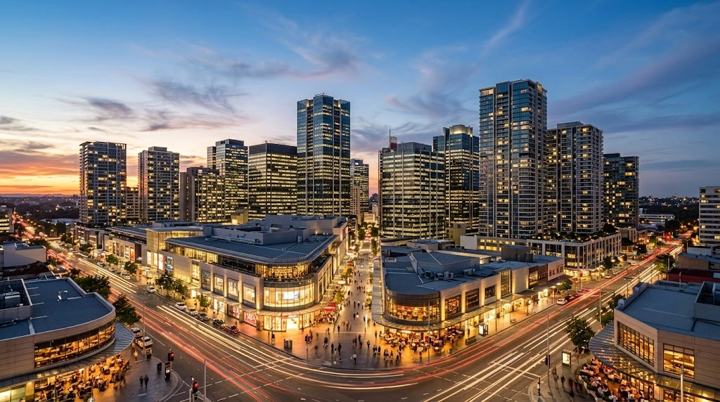 Chatswood CBD skyline and retail zones at dusk