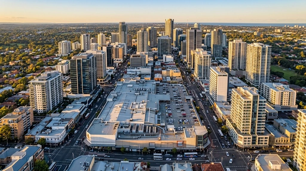 Chatswood CBD and major retail precincts from above at golden hour