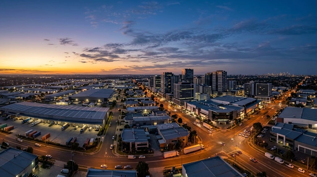 Liverpool commercial and logistics zones at dusk