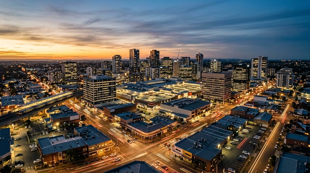 Liverpool CBD skyline and retail zones at dusk