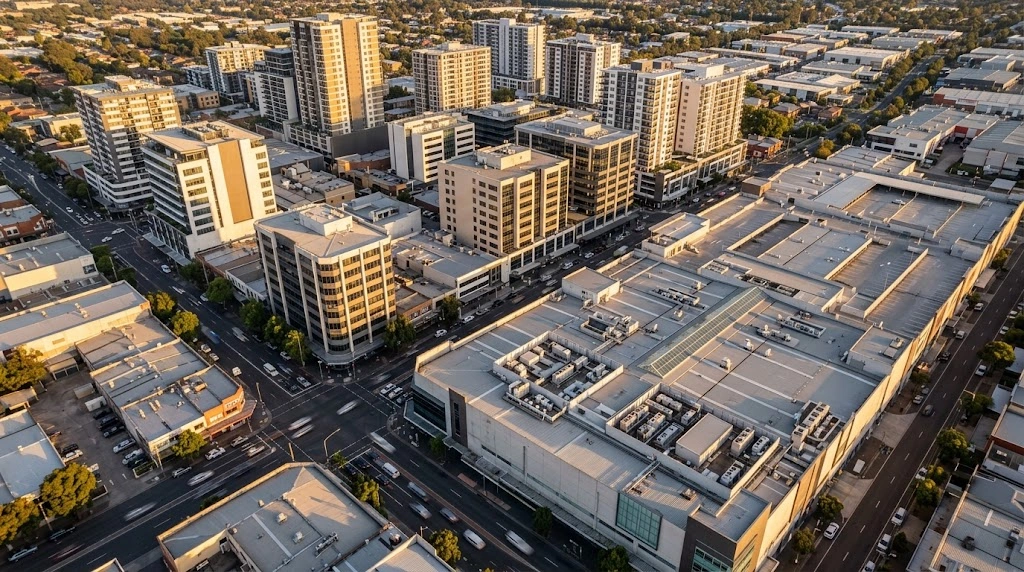Liverpool CBD and major retail precincts from above at golden hour