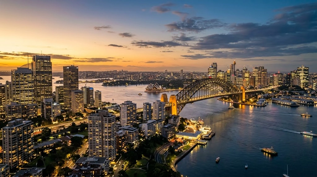 North Sydney skyline looking towards the Sydney CBD at dusk