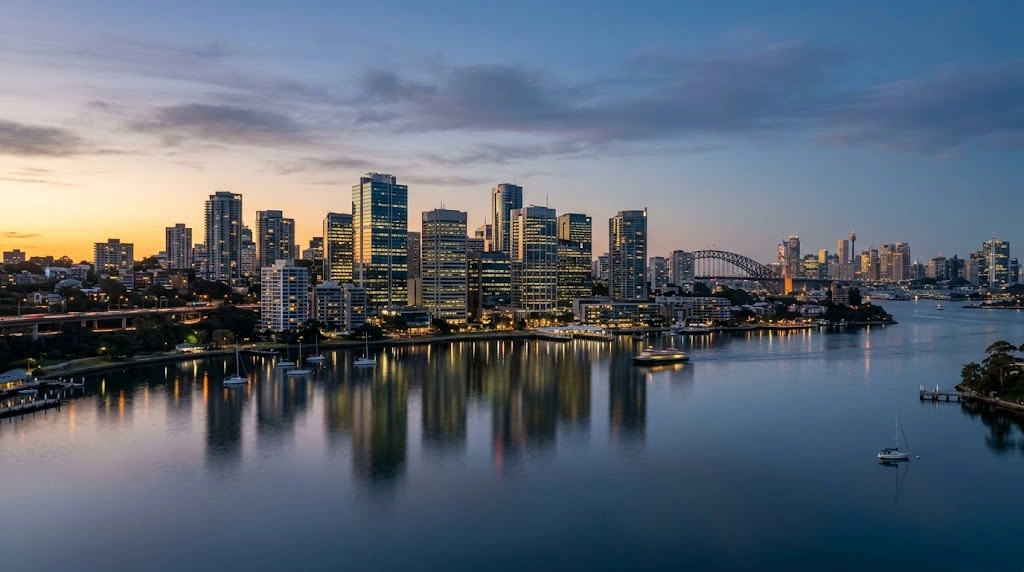 Dusk over North Sydney Harbour and commercial skyline