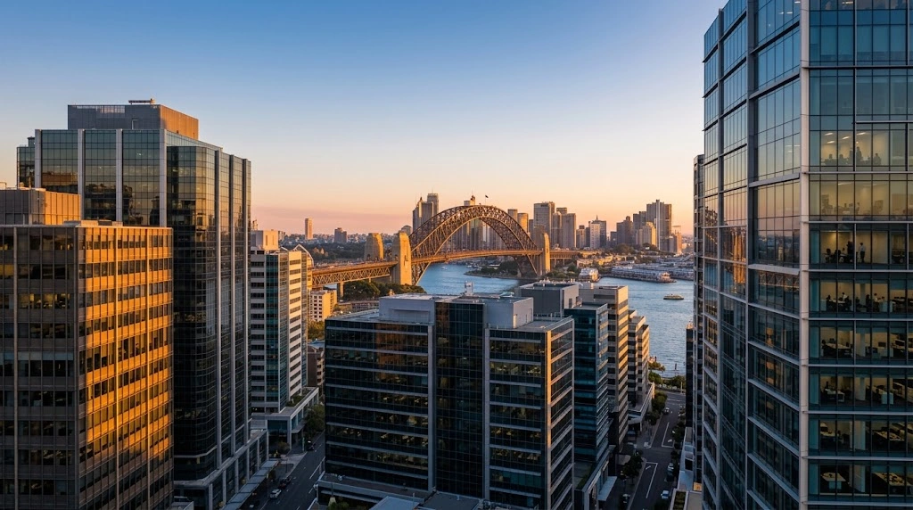 North Sydney corporate towers with the Harbour Bridge in the background at golden hour