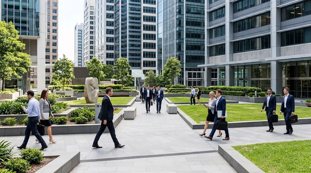 Executives walking near Greenwood Plaza in North Sydney