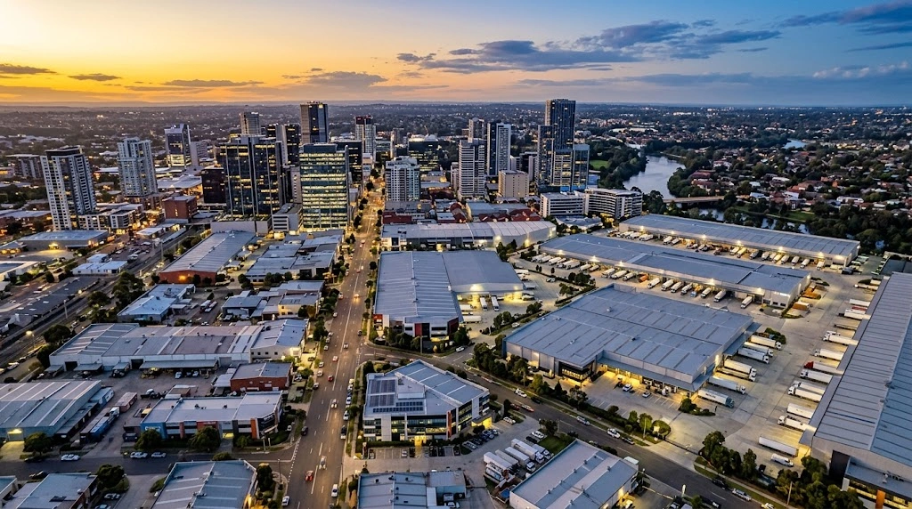Parramatta commercial and logistics zones at dusk