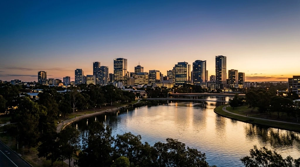 Dusk over Parramatta River and CBD skyline
