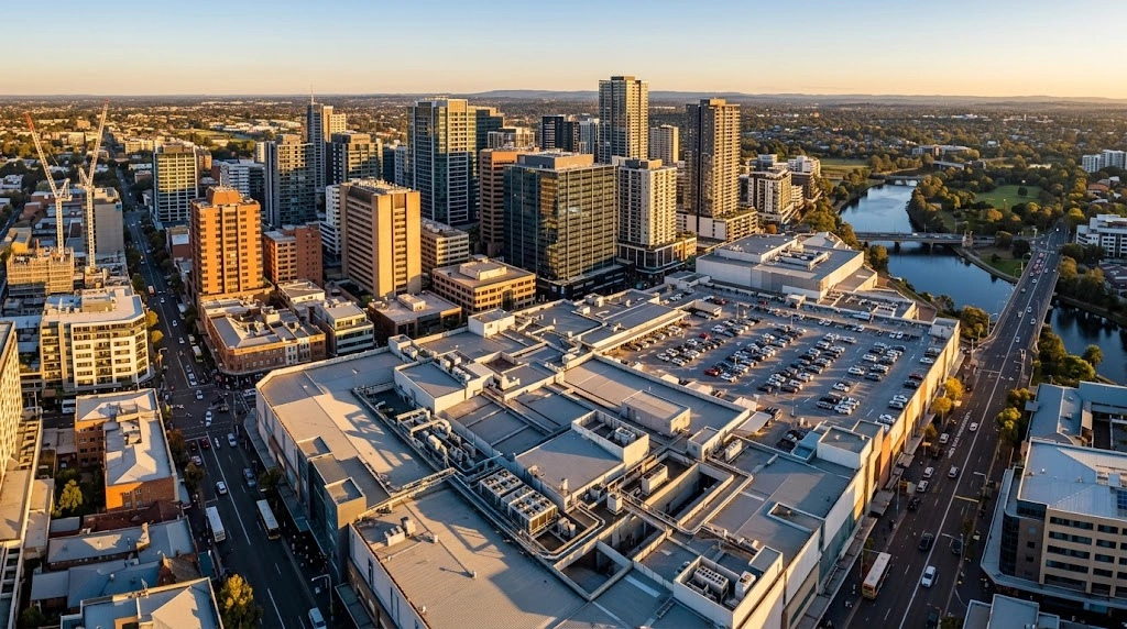 Parramatta CBD and major retail precincts from above at golden hour