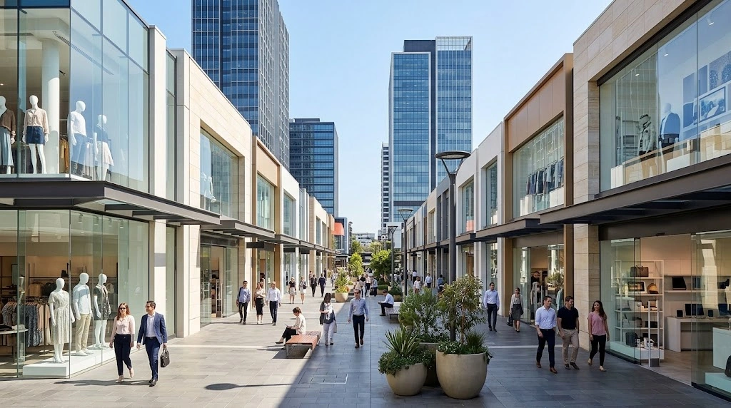 Modern retail storefronts and pedestrian zones in Parramatta