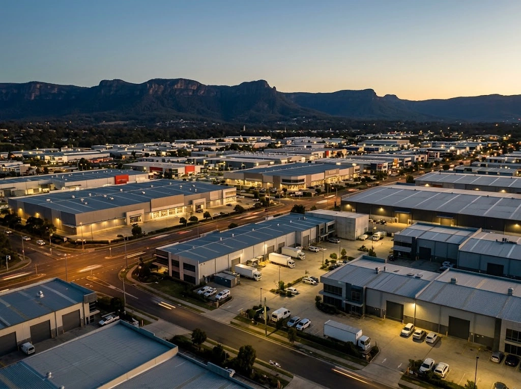 Penrith commercial zones and the Blue Mountains at dusk