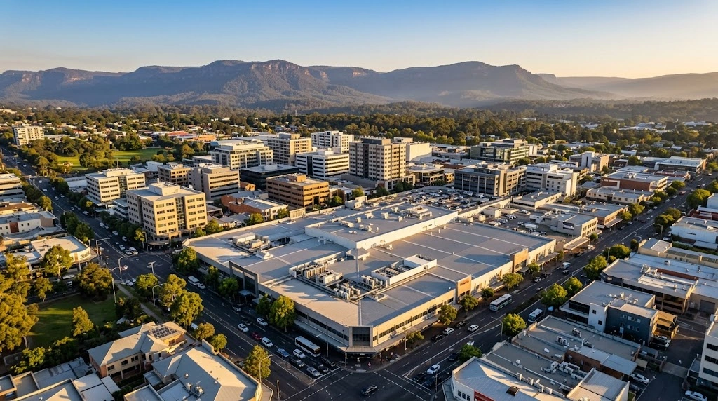 Penrith CBD and major retail precincts with the Blue Mountains behind at golden hour