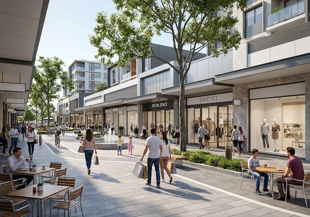 Modern retail storefronts and pedestrian zones in Penrith