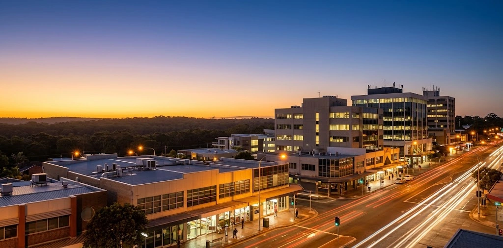 Sutherland CBD skyline and retail zones at dusk