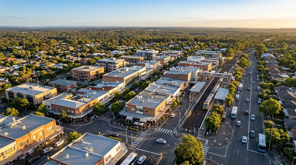 Sutherland CBD and major retail precincts from above at golden hour