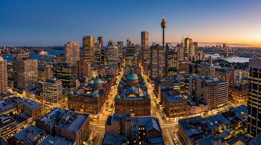 Sydney CBD skyline and commercial districts at dusk