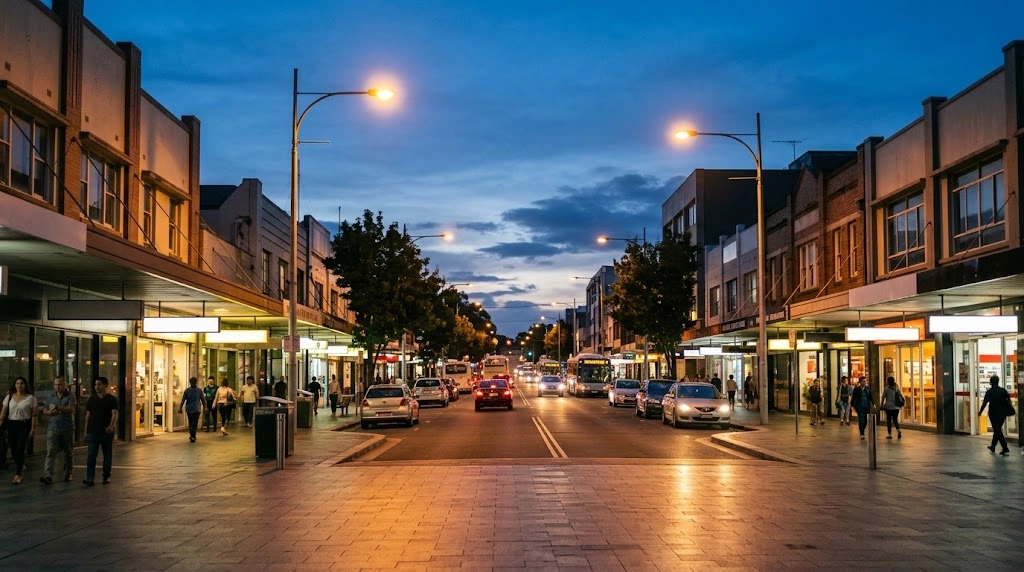 Warm street lights at dusk in Bankstown