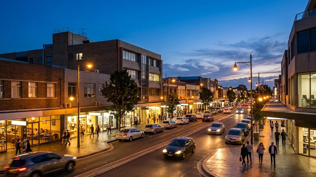 Warm street lights at dusk in Bankstown