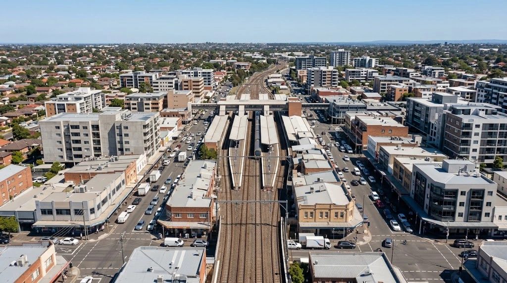 Bankstown town centre and rail line from above