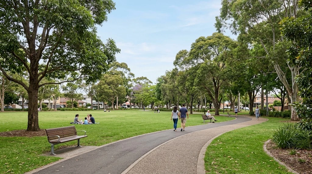Town-centre park with mature trees in Bankstown