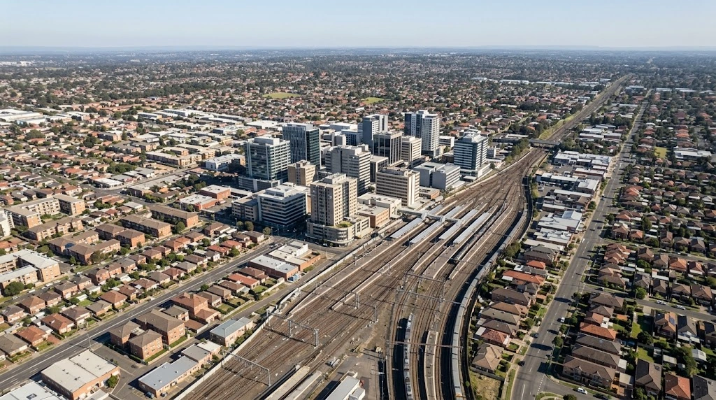 Blacktown centre and rail junction above suburban Western Sydney