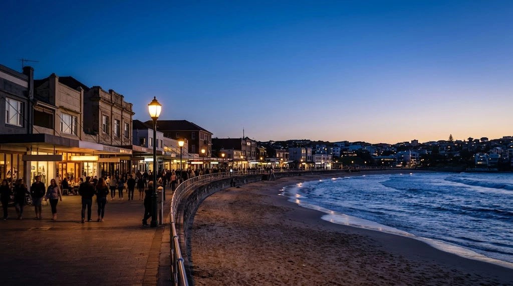 Campbell Parade promenade at blue hour in Bondi
