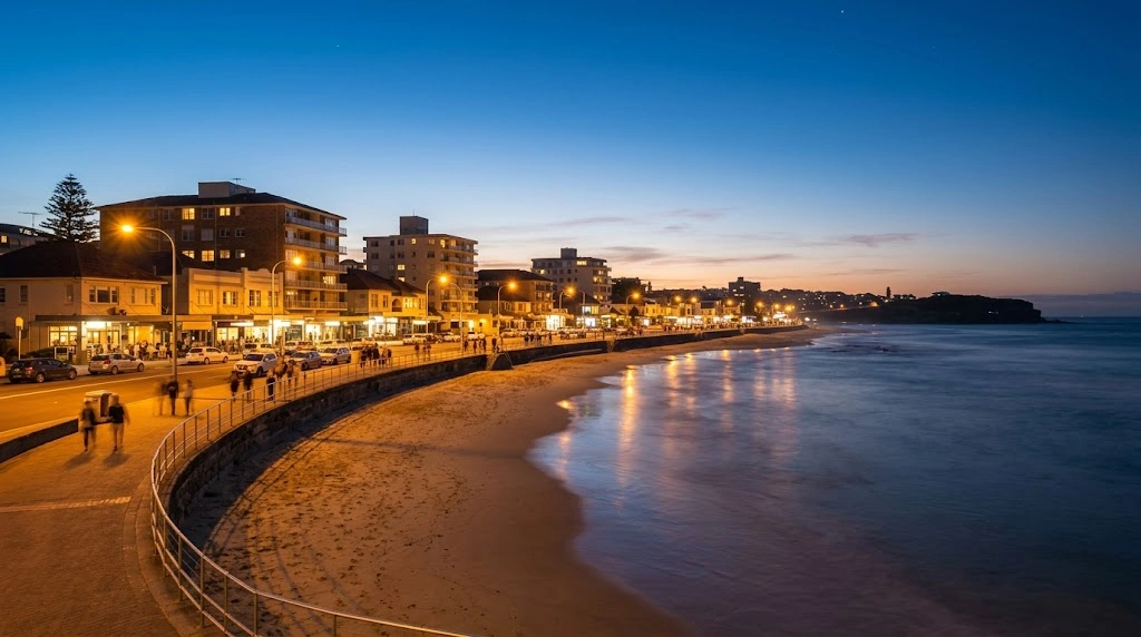 Campbell Parade promenade at blue hour in Bondi