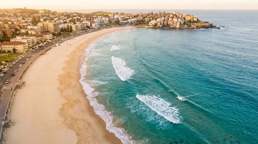 Curve of Bondi Beach from above in early morning light
