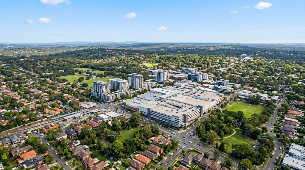 Castle Hill centre with leafy Hills District from above