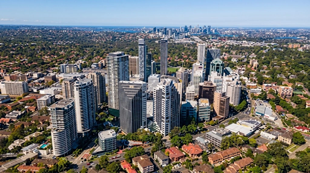 Chatswood towers and rail interchange amid leafy North Shore