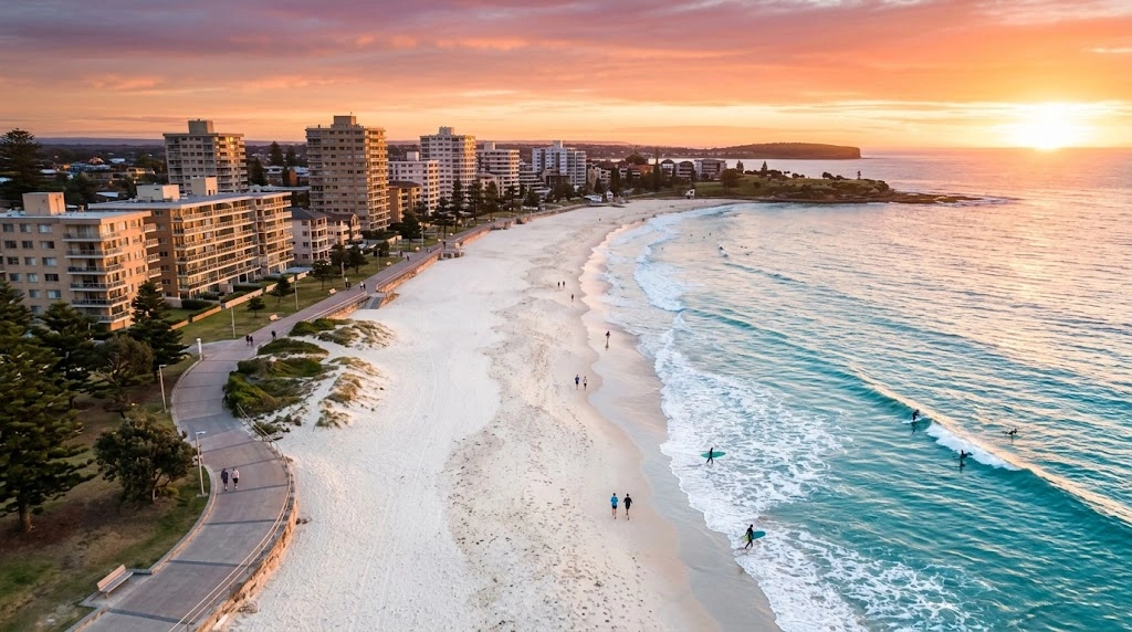 Cronulla Beach and esplanade from above at sunrise