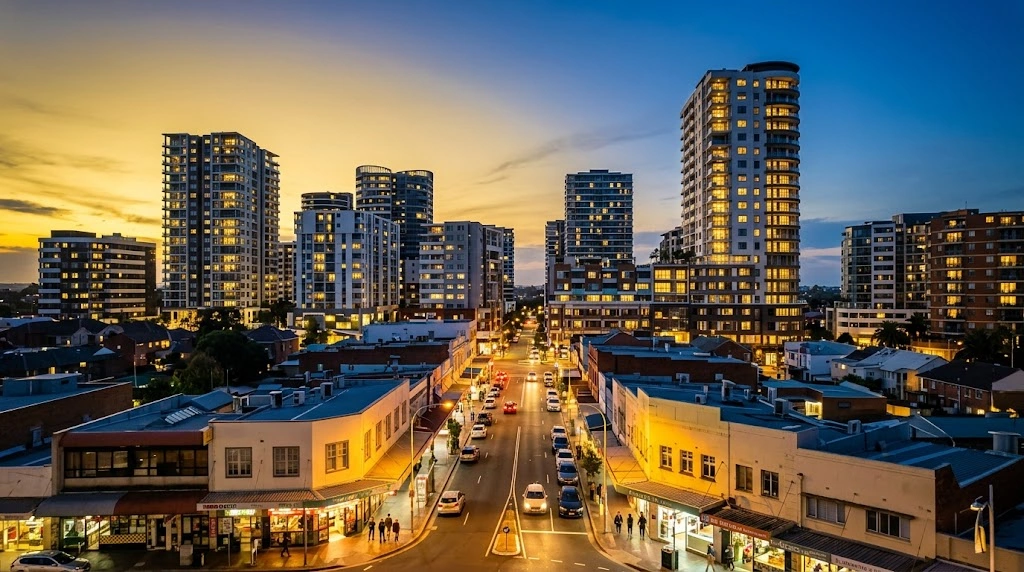 Town centre lights at dusk in Hurstville
