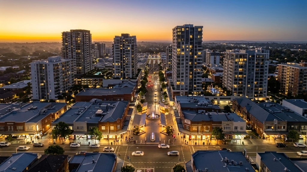 Town centre lights at dusk in Hurstville