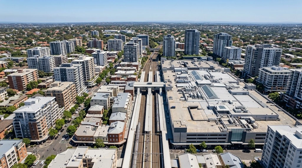Hurstville station precinct and apartment towers from above