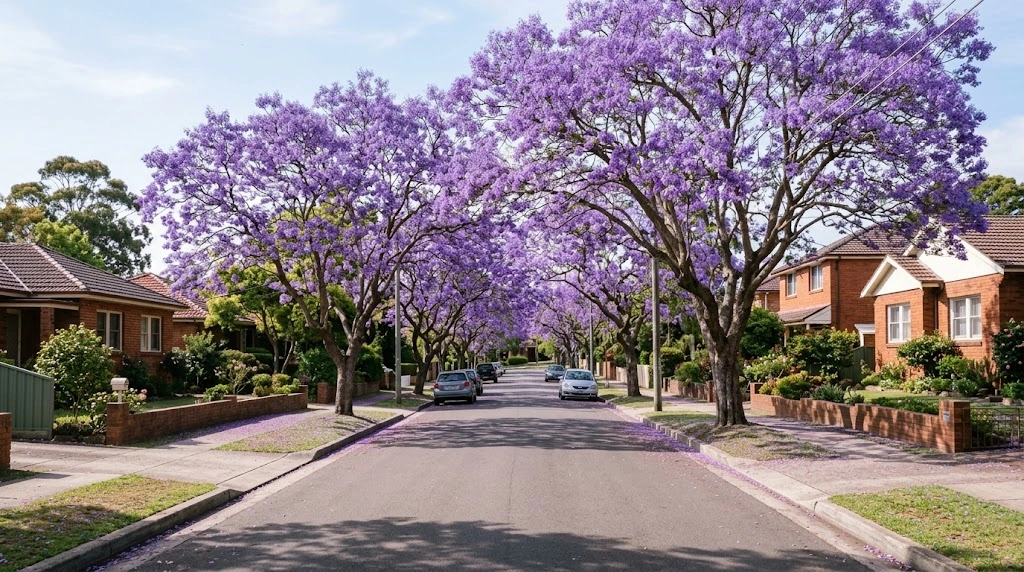 St George suburban street with jacaranda trees near Hurstville