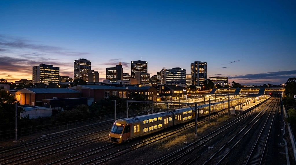 Liverpool city skyline and rail line at dusk